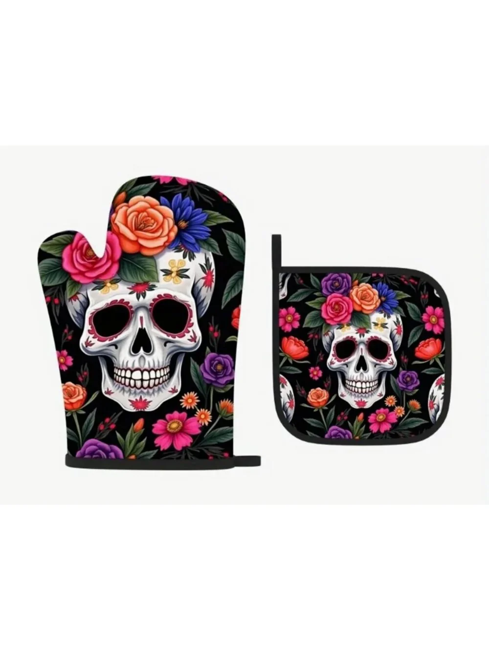 New - 2pcs Floral Skull - Oven Mitts and Pot Holders Set